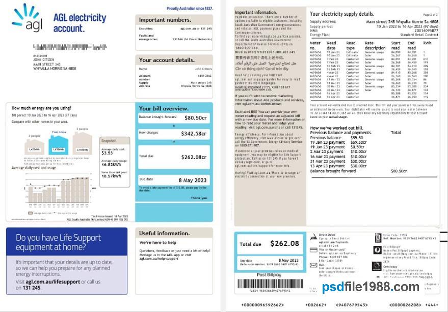 Australia AGL Electricity Account Energy Utility Bill 2 Pages